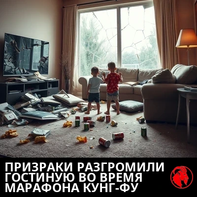 Последствия в разгромленной гостиной: треснувший плоский телевизор, разбитое панорамное окно, вспоротый диван с торчащей набивкой, рассыпанные чипсы и банки газировки, двое детей стоят среди разрухи. Подпись: призраки загадочным образом разрушают гостиную во время марафона фильмов про кунг-фу