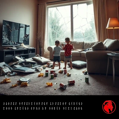 Destroyed living room aftermath: cracked flatscreen TV, shattered picture window, ripped sofa with stuffing, spilled chips and soda cans, two children standing in the wreckage. Caption: Ghosts mysteriously destroy living room during Kung Fu movie marathon