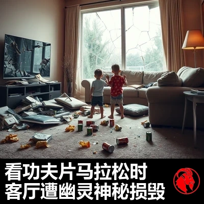 被毁的客厅现场：碎裂的平板电视、被砸穿的落地窗、内胆外露的破沙发、洒了一地的薯片和汽水罐，两个孩子站在一片狼藉中。字幕：功夫电影马拉松期间，鬼魂神秘摧毁客厅