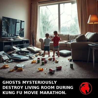 Destroyed living room aftermath: cracked flatscreen TV, shattered picture window, ripped sofa with stuffing, spilled chips and soda cans, two children standing in the wreckage. Caption: Ghosts mysteriously destroy living room during Kung Fu movie marathon
