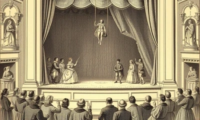 Classical sepia engraving of a Shakespearean stage production with an actor suspended on a visible rope from above the curtains, other actors performing on the stage below, audience seated watching