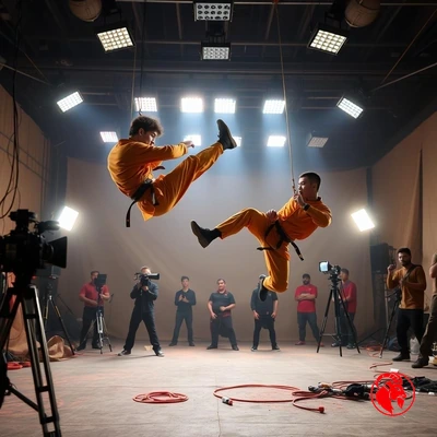 Two stuntmen in saffron-orange martial arts gi suspended on visible wires mid-kick on a film studio backlot