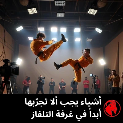 بديلان (ستانتمان) ببزّة فنون قتالية برتقالية زعفرانية، معلّقان على أسلاك ظاهرة للعيان في منتصف ركلة وقفزة في موقع تصوير استوديو، وحولهما طاقم العمل والكاميرات وأضواء الاستوديو.