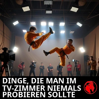 Zwei Stuntmen in safranorangem Kampfsport-Gi, an gut sichtbaren Drähten mitten im Tritt und Sprung über einem Studiogelände hängend, umgeben von Crew, Kameras und Studioscheinwerfern.