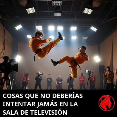 Dos especialistas con un gi de artes marciales naranja azafrán, suspendidos de cables bien visibles en pleno salto y patada en el plató de un estudio, rodeados de equipo técnico, cámaras y focos.