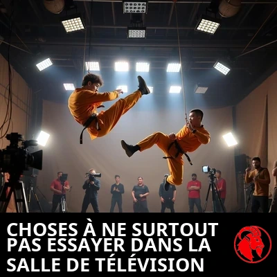 Deux cascadeurs en gi d'arts martiaux orange safran, suspendus à des câbles bien visibles en plein saut et coup de pied sur le plateau d'un studio, entourés de techniciens, de caméras et de projecteurs.