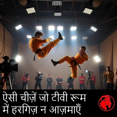 केसरिया-नारंगी मार्शल आर्ट्स पोशाक में दो स्टंटमैन, फ़िल्म स्टूडियो के सेट पर साफ़ दिखती तारों से हवा में लटके हुए, बीच लात के अंदाज़ में रुके हैं; चारों ओर क्रू, कैमरे और स्टूडियो की रोशनियाँ हैं।