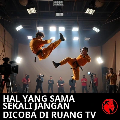 Dua pemeran pengganti berbusana seni bela diri oranye kunyit, tergantung pada kawat yang jelas terlihat di tengah tendangan dan lompatan di lokasi syuting sebuah studio, dikelilingi kru, kamera, dan lampu studio.