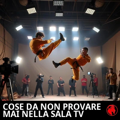 Due stuntman in gi da arti marziali arancione zafferano, sospesi a cavi ben visibili in pieno calcio e salto sul backlot di uno studio cinematografico, circondati da troupe, telecamere e luci di scena.