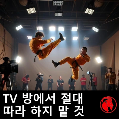 사프란빛 주황색 무술복을 입은 두 스턴트맨이 영화 스튜디오 야외 세트에서 빤히 보이는 와이어에 매달린 채 발차기 도중에 멈춰 있다. 주위에는 스태프, 카메라, 스튜디오 조명이 있다.