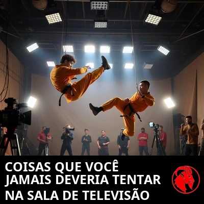 Dois dublês com quimono de artes marciais laranja-açafrão, suspensos por cabos bem visíveis em pleno chute e salto no estúdio de uma produtora, cercados por equipe técnica, câmeras e refletores.