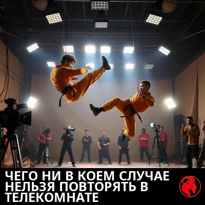 Двое каскадёров в шафраново-оранжевых кимоно для боевых искусств, подвешенные на хорошо заметных тросах в момент удара ногой и прыжка на съёмочной площадке студии, вокруг — съёмочная группа, камеры и студийные софиты.