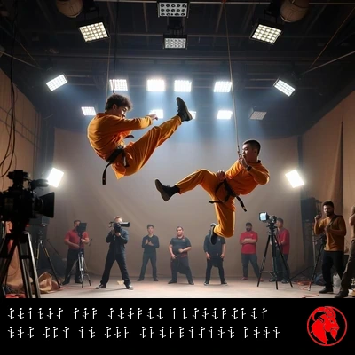 Two stuntmen in saffron-orange martial arts gi suspended on visible wires mid-kick on a film studio backlot