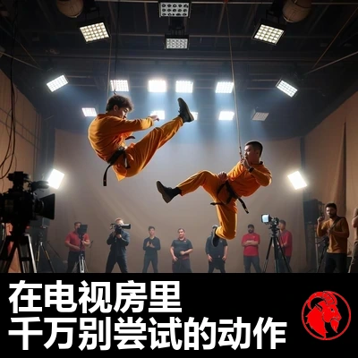 两名身穿橘黄色武术服的特技演员，在影视基地里被清晰可见的钢丝吊在半空、踢腿定格，四周是剧组人员、摄影机和影棚灯光。字幕：千万不要在客厅里模仿的危险动作