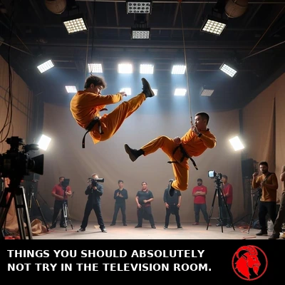 Two stuntmen in saffron-orange martial arts gi suspended on visible wires mid-kick on a film studio backlot, with crew, cameras, and studio lights around them