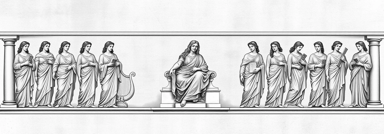 Classical frieze of Mnemosyne, Titaness of Memory, enthroned among the nine Muses