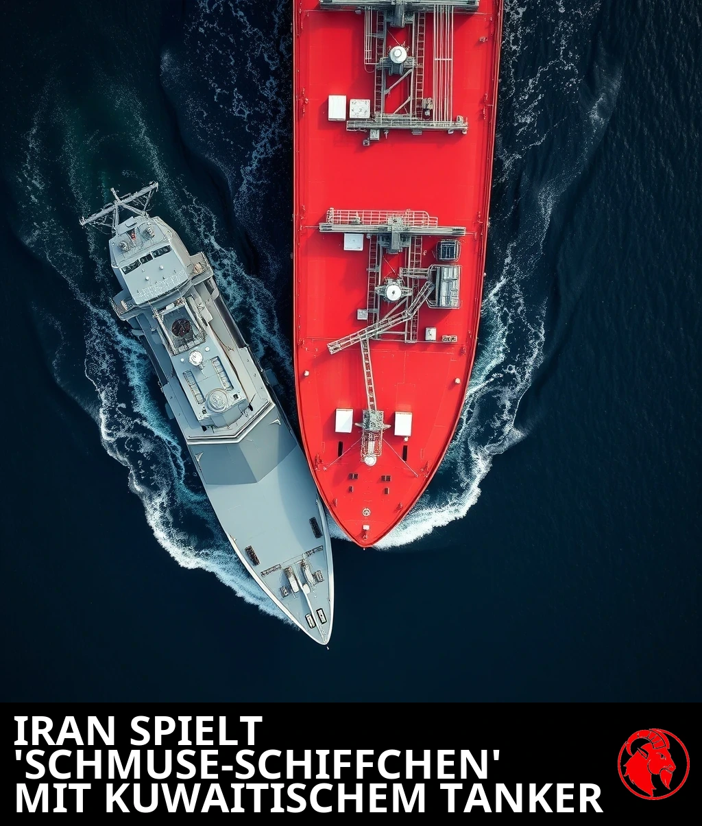 Ein grauer Militärzerstörer auf senkrechtem Kurs rammt seinen Bug in die Steuerbordseite eines rotwandigen kuwaitischen Öl-Supertankers in einer Meerenge, mit mäßigem Schaden an der Kontaktstelle.