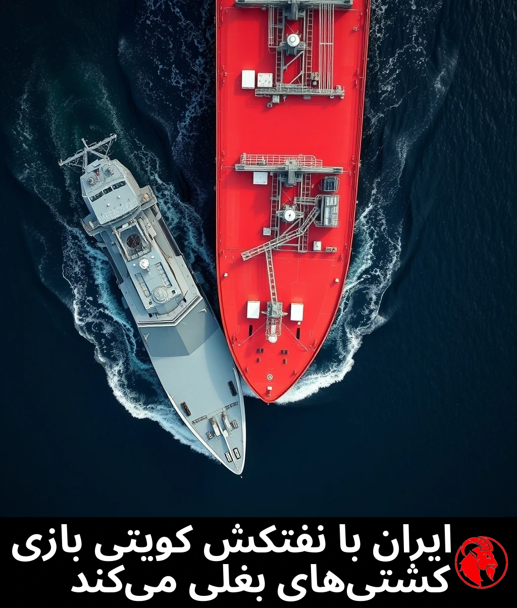 ناوشکنِ نظامیِ خاکستری‌رنگ با مسیری عمود، سینه‌ی خود را به پهلوی راستِ یک ابرنفتکشِ کویتیِ سرخ‌بدنه در یک تنگه‌ی دریایی می‌کوبد؛ با آسیبِ متوسط در نقطه‌ی برخورد.
