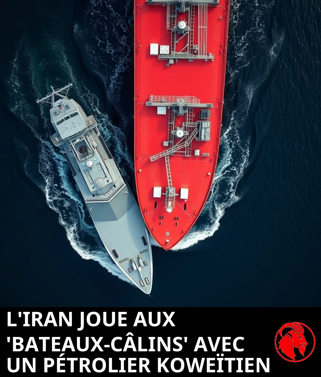 Un destroyer militaire gris, sur un cap perpendiculaire, enfonce sa proue dans le flanc tribord d'un superpétrolier koweïtien à coque rouge dans un détroit maritime, avec des dégâts modérés au point de contact.