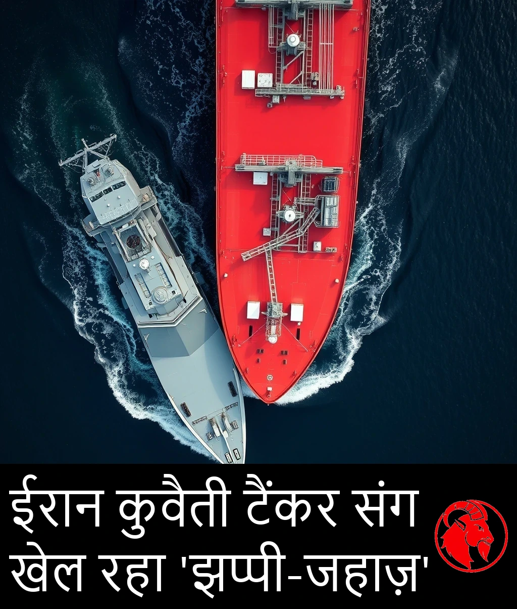 एक जलसंधि में एक धूसर सैन्य विध्वंसक अपने अगले हिस्से (बो) से लम्बवत दिशा में एक लाल पतवार वाले कुवैती तेल सुपरटैंकर के दाहिने (स्टारबोर्ड) हिस्से में टकराता है, टकराव के बिंदु पर मध्यम क्षति दिखती है।