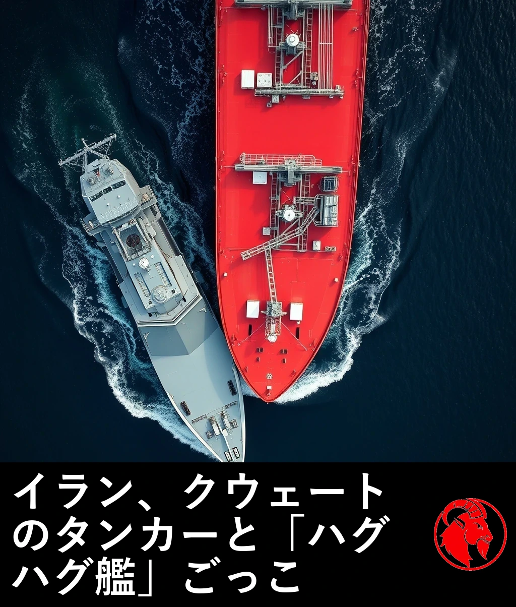 灰色の軍用駆逐艦が直角の進路をとり、その艦首を、海峡を航行する赤い船体のクウェート産石油スーパータンカーの右舷に突っ込ませ、接触点に中程度の損傷を与えている。