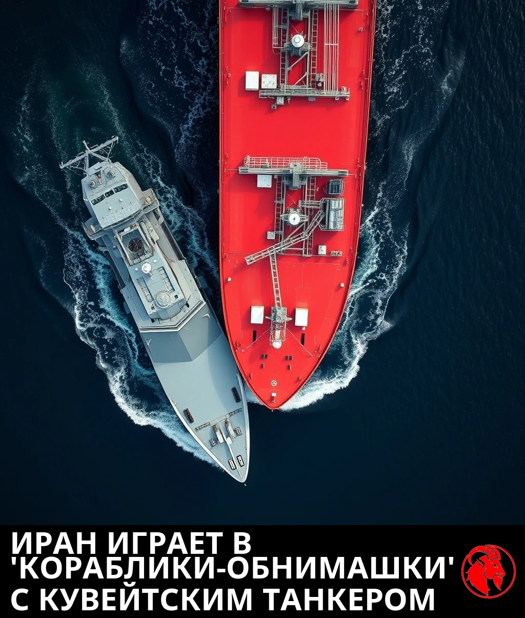 Серый военный эсминец, идущий перпендикулярным курсом, врезается носом в правый борт кувейтского нефтяного супертанкера с красным корпусом в морском проливе; в точке контакта умеренные повреждения.