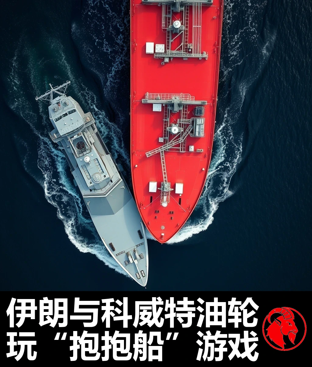 一艘灰色军用驱逐舰以垂直航向将舰艏撞入一艘红色船体的科威特石油超级油轮的右舷，接触点处有中度损坏，背景是一道海峡。
