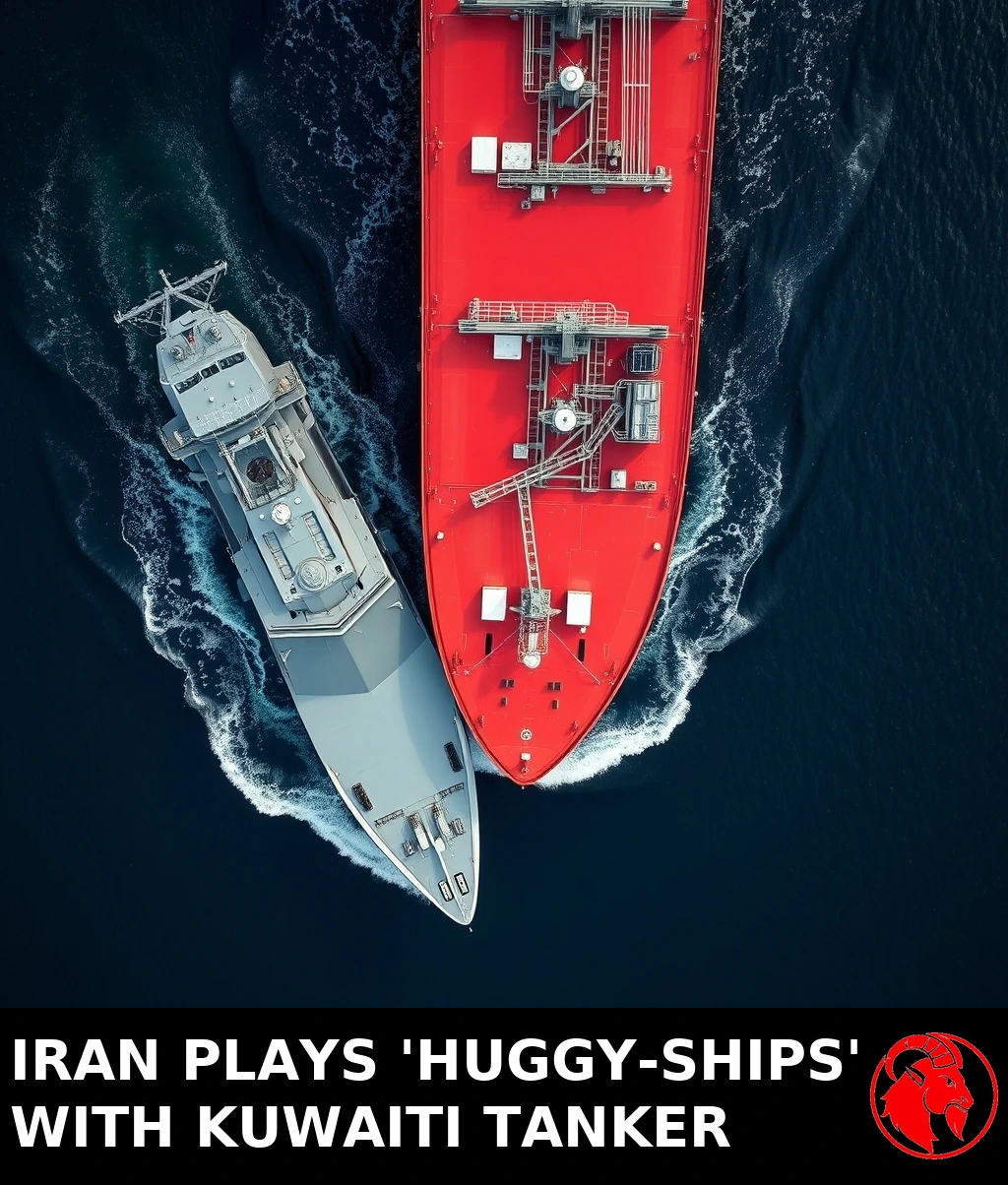 A gray military destroyer on a perpendicular heading rams its bow into the starboard side of a red-hulled Kuwaiti oil supertanker in a sea strait, with moderate damage at the point of contact.