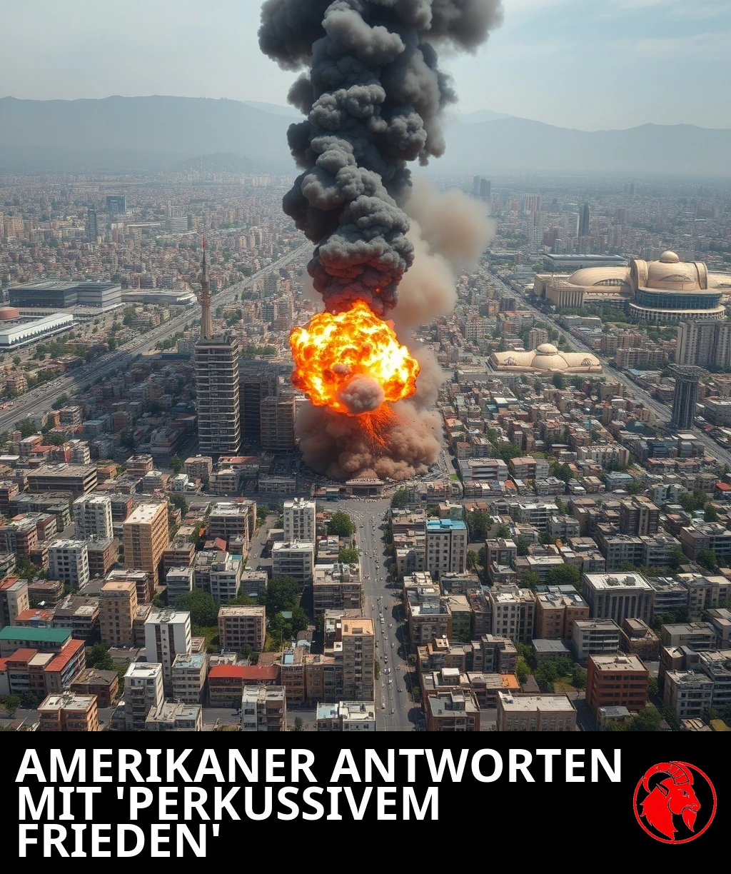 Eine große konventionelle Bombenexplosion mit orangefarbenem Feuerball und aufsteigendem Rauch über den dicht bebauten Häusern des Zentrums von Teheran, dahinter das Elburs-Gebirge.