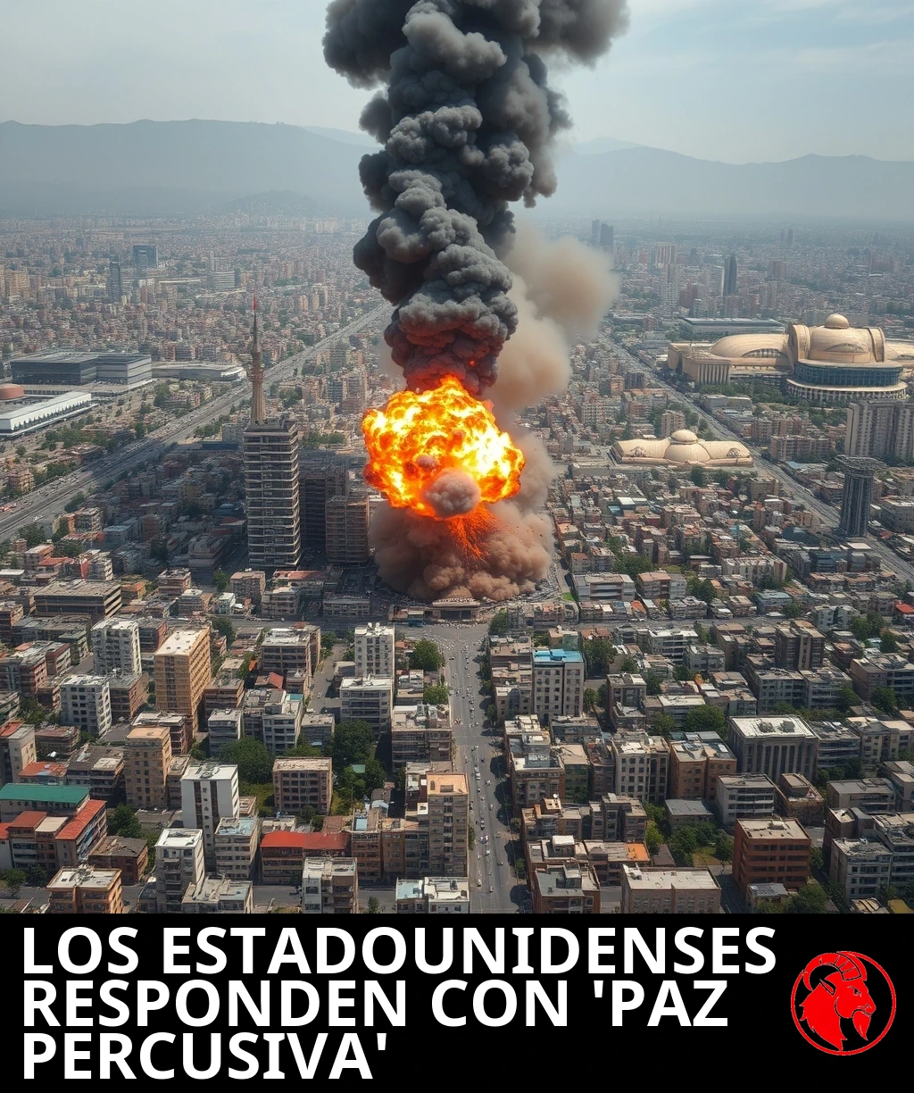 La explosión de una gran bomba convencional con una bola de fuego anaranjada y humo ascendente sobre los densos edificios del centro de Teherán, con la cordillera del Alborz al fondo.