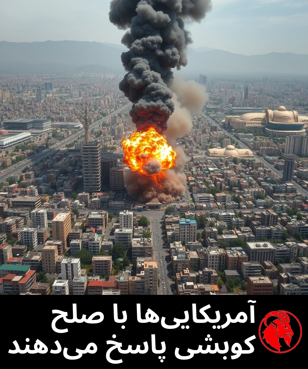 انفجارِ یک بمبِ متعارفِ بزرگ با گلوله‌ی آتشِ نارنجی و دودِ برخاسته بر فرازِ ساختمان‌های فشرده‌ی مرکزِ تهران، با رشته‌کوهِ البرز در پس‌زمینه.