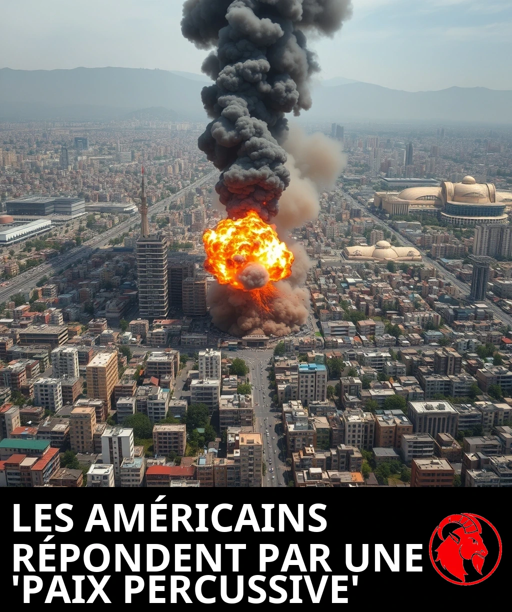 L'explosion d'une grosse bombe conventionnelle, avec une boule de feu orange et une fumée montante au-dessus des immeubles denses du centre de Téhéran, les montagnes de l'Elbourz en arrière-plan.