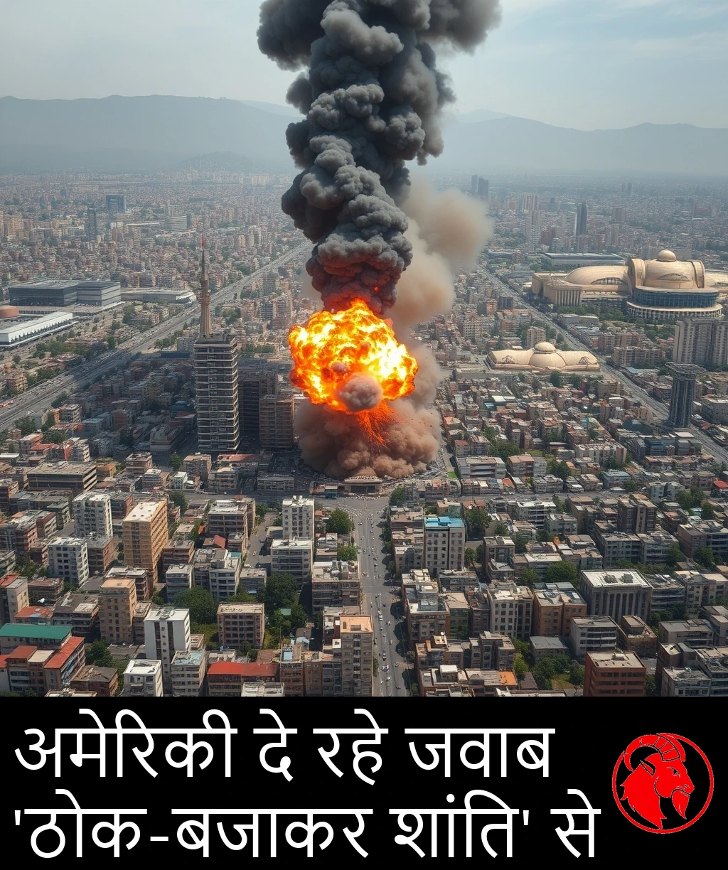 मध्य तेहरान की घनी इमारतों के ऊपर एक बड़े पारंपरिक बम का विस्फोट, नारंगी आग का गोला और उठता धुआँ, पीछे अलबोर्ज़ पर्वत।