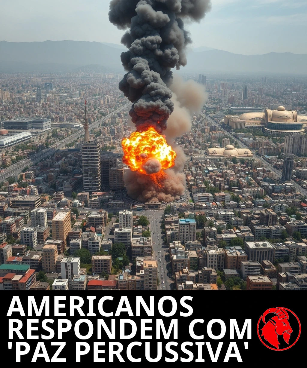 A explosão de uma grande bomba convencional, com uma bola de fogo alaranjada e fumaça subindo sobre os prédios densos do centro de Teerã, e a cordilheira de Alborz ao fundo.