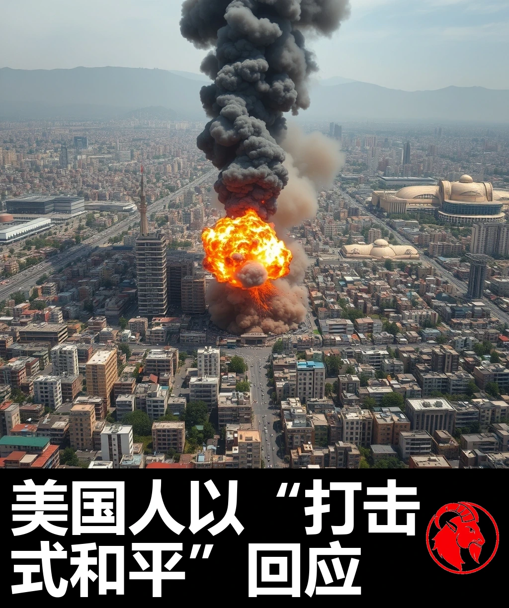 德黑兰市中心密集的建筑群上方，一枚大型常规炸弹爆炸，橙色火球升腾、浓烟弥漫，身后是厄尔布尔士山脉。