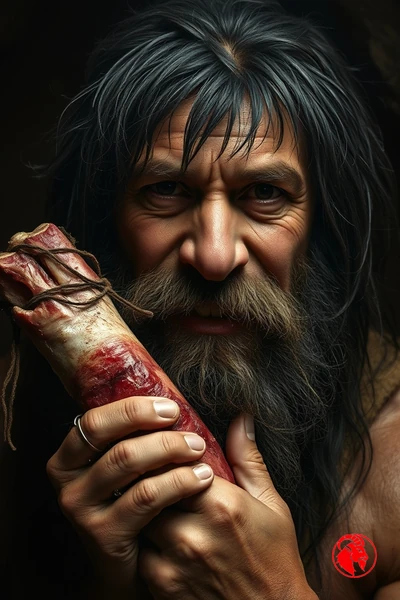 Og, Editor in Chief, a photorealistic prehistoric caveman with thick dark beard and shaggy hair, holding raw meat with bone exposed, looking directly at the camera with calm satisfied expression, dark cave background