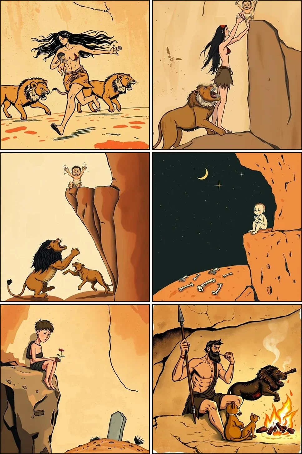 Six-panel cave-painting cartoon: Og's mother saves him from lions, lions eat her, Og remembers her, Og avenges her