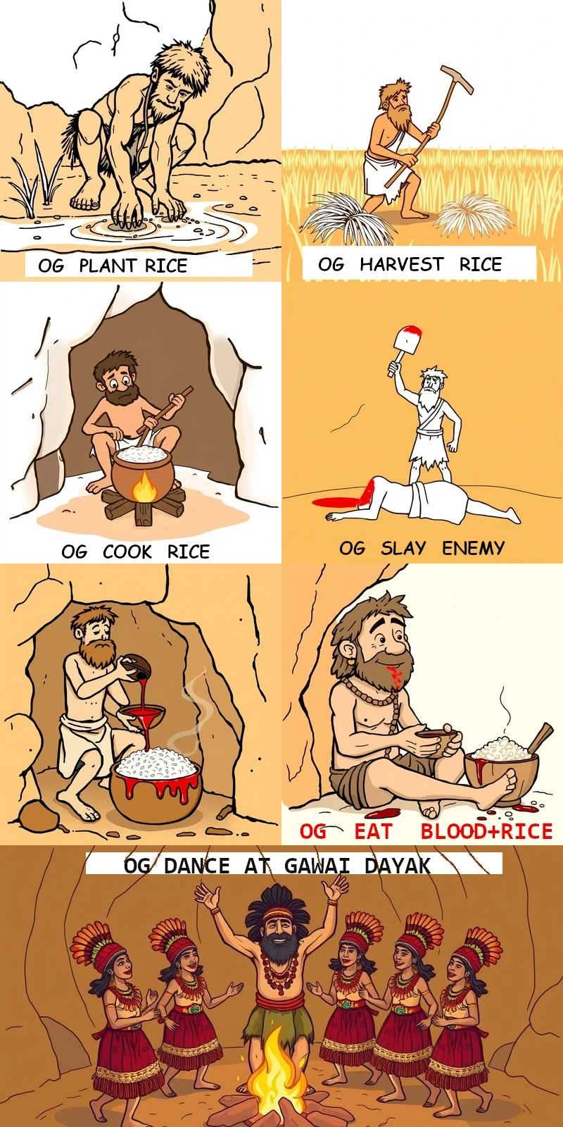 Seven-panel cave-painting cartoon: Og plants rice, harvests rice, cooks rice, slays enemy, pours blood, eats rice with blood, dances at Gawai Dayak with Dayak women in festival costume