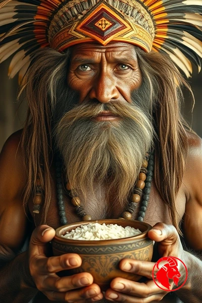 Og, Editor in Chief, in Gawai Dayak ceremonial costume with feathered hornbill headdress and beaded necklaces, holding a wooden bowl of rice