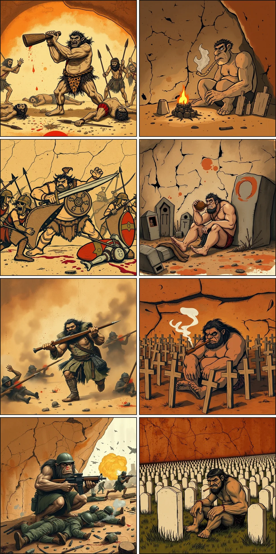 Eight-panel cave-painting cartoon. Left column: Og fights a bloody battle across four eras of history (stone-age club, ancient sword, musket charge, modern rifle). Right column: after each war, Og sits slumped at the graves and tombs of his fallen comrades, getting high to forget.