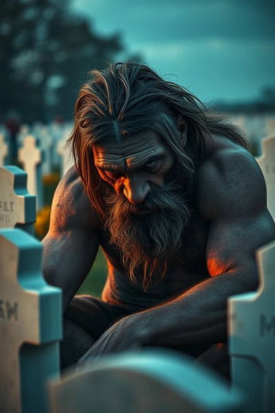 A weathered Og slumped among white headstones in a military cemetery at dusk