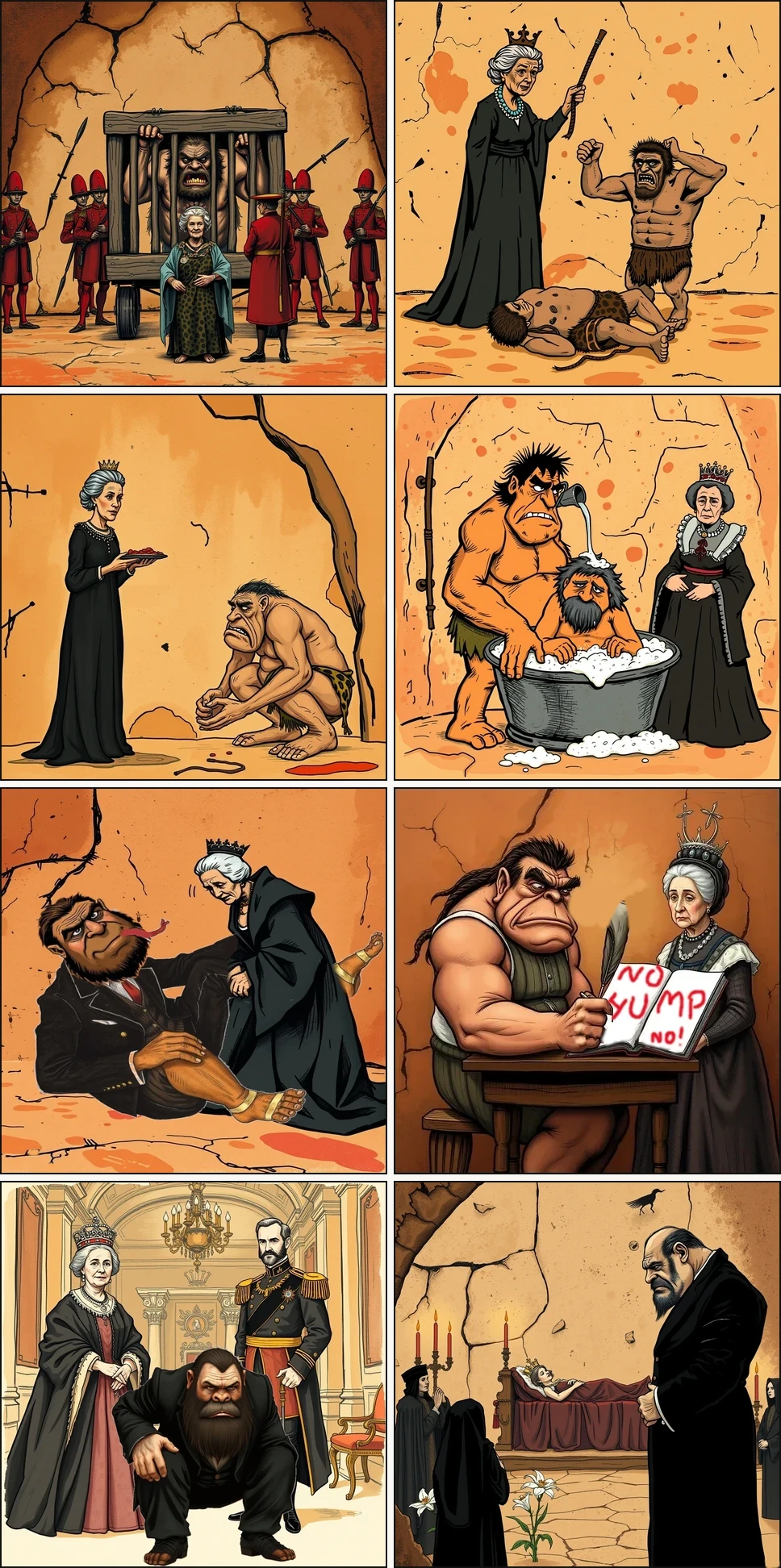 Eight-panel cave-painting cartoon: soldiers cage Og and bring him to Queen Victoria, who whips, feeds, bathes and civilizes him, teaches him to write (NO HUMPING), keeps him as a pet beside the Prince Consort, and dies — leaving Og in mourning