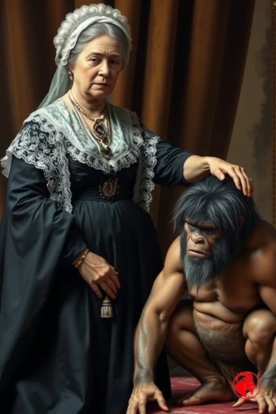 Queen Victoria resting her hand on the head of Og, the Editor in Chief, who squats before her