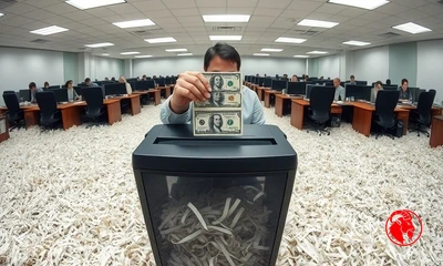 Office workers feeding hundred-dollar bills into desktop shredders