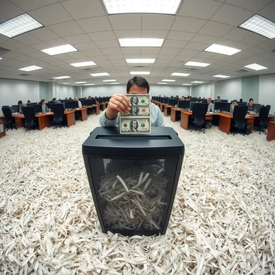Office room of ordinary workers seated at desks, each calmly feeding stacks of hundred-dollar bills into desktop paper shredders, mountains of shredded currency on the floor