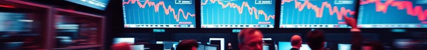 Trading floor banner with red downward-trending charts on multiple screens, traders silhouetted in front