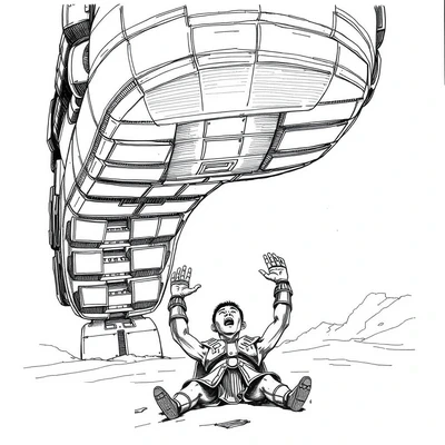 Pen-and-ink sketch of a colossal bronze robotic giant looming overhead with a raised foot about to descend, while a fallen Greek Argonaut warrior in bronze armor lies sprawled on his back in the sand staring up in fear