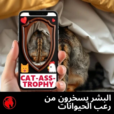 يد بشرية تمسك هاتفًا يعرض مؤخرة القطة معلّقةً كلوحة CAT-ASS-TROPHY على Instagram، بينما تختبئ القطة الحقيقية تحت السرير.