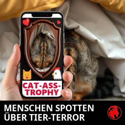 Eine menschliche Hand hält ein Telefon, auf dem das Hinterteil der Katze als CAT-ASS-TROPHY-Plakette auf Instagram montiert zu sehen ist, während sich die echte Katze unter dem Bett versteckt.