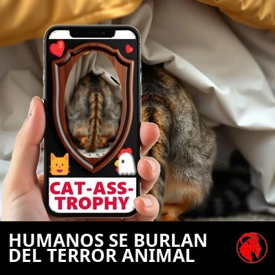 Una mano humana sostiene un teléfono que muestra los cuartos traseros de la gata montados como una placa de CAT-ASS-TROPHY en Instagram, mientras la gata de verdad se esconde bajo la cama.